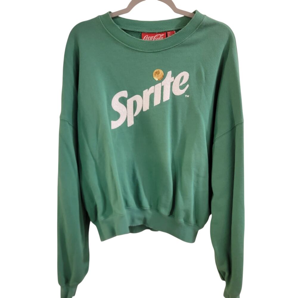 Sprite x Forever 21 Sweatshirt Medium Green Sequin Logo Vintage Wash Distressed